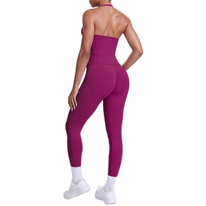 Damen Yoga-Set mit Neckholder-Top und High-Waist-Leggings in tiefem Purpurrot