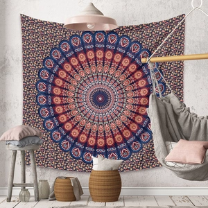 Large bohemian mandala tapestry with intricate dark blue, red, and orange textile patterns