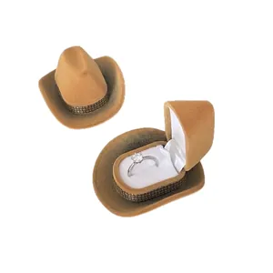 Creative brown flocked cowboy hat jewelry box for rings with metal chain trim