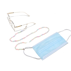 Detail of colorful macaron bead chain with metal lobster clasps and silicone eyewear loops