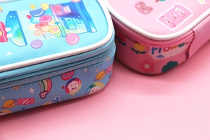 Detailed view of dual zipper closures and high-quality fabric on cute stationery pouches