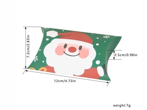 Detailed size specifications for a green Santa Claus pillow-shaped Christmas candy gift box