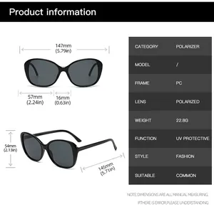 Detailed size specifications and measurements of oversized fashion sunglasses