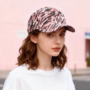 Women's pink and black tiger pattern baseball cap with curved brim and comfortable fabric