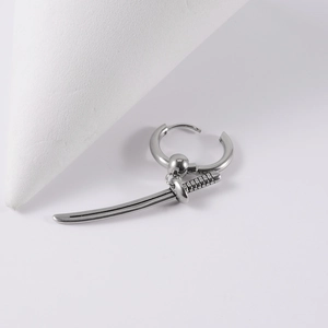 Detailed view of silver stainless steel hoop earring featuring a katana sword pendant