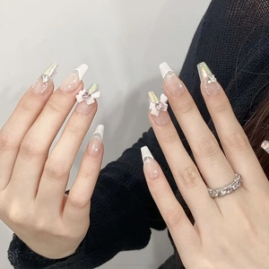 Handmade long coffin press-on nails with 3D bows, rhinestones and aurora French design