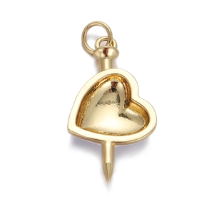 Detailed view of a gold heart-shaped pendant with a creative nail-through-heart design
