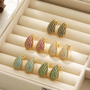 Elegant gold plated teardrop stud earrings set with colorful micro-pave cubic zirconia