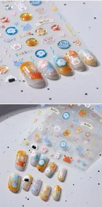 Macro detail of 3D embossed nail art stickers with cute sea animals and bear patterns