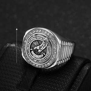 Detail of 21mm men's silver ring with Philippine Eagle design and pavé crystal border