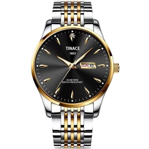 Waterproof business watch for men with two-tone band, black dial and day-date display