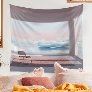 Detail of dreamlike sunset tapestry showing a surreal bedroom scene with clouds