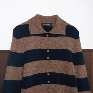 Striped knit cardigan with brown and navy stripes featuring a polo collar and buttons