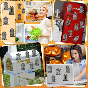 Multiple Halloween tombstone magnets displayed on a fridge, mailbox, and laptop case