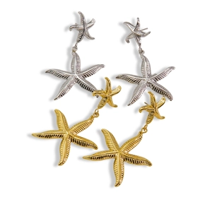 Starfish drop earrings in gold and silver finishes with detailed textured engraving