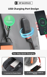 Detail of waterproof business backpack with external USB charging port and power bank pocket