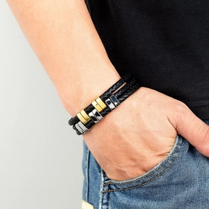 Men's multilayer black braided leather bracelet with gold and silver metal accents