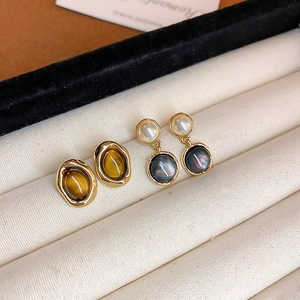Vintage Oval Faux Tiger Eye Stud Earrings Gold Plated Copper With Silver Earring Post Elegant Jewelry For Women