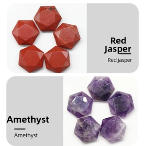 Macro detail of faceted Red Jasper and Amethyst crystal hexagram stones set of five
