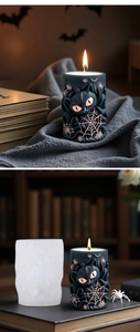 Detailed view of Halloween black cat and spider web relief candle and silicone mold