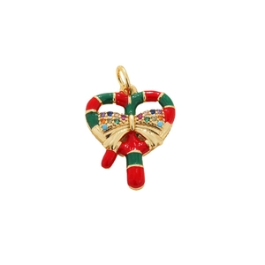 Christmas heart candy cane pendant with gold bow and colorful gemstones on white background