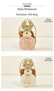 Detailed plush Christmas gift bags in pink and gold with reindeer antlers and bows
