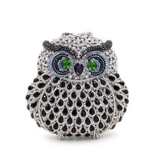 Pochette de soirée exquise en forme de hibou sertie de cristaux verts, noirs et argentés