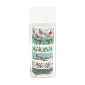Set of 6 rolls Christmas washi tape with festive elf hat and reindeer designs in a clear box