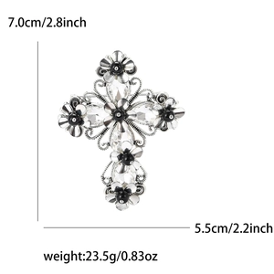 Vintage cross brooch with black beads and rhinestones, dimensions 7.0x5.5cm