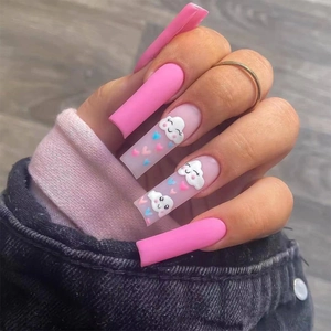 Press On Nails Long Square Matte Pink White 3D Cloud Heart Pattern Cartoon Smiley Face Artificial Nails