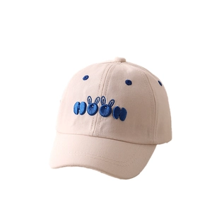 Beige cotton kids baseball cap with blue bunny ear embroidery and MOON letter details