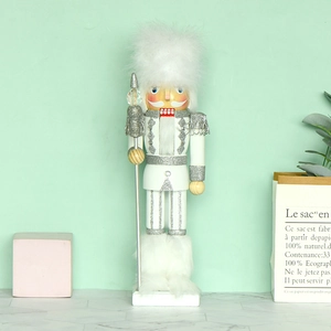Nutcracker Soldier King Christmas Decoration Figurine Wooden White Silver With Faux Fur Hat Scepter Elegant Ornament