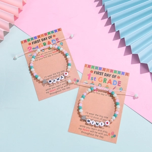 Mommy and Me colorful beaded bracelets set with MAMA and MINI letter beads on school cards
