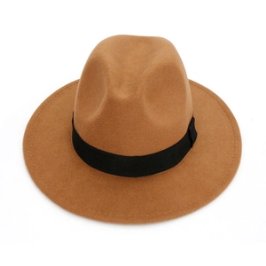 Classic wide brim wool fedora hat in tan brown with a black decorative ribbon band