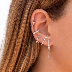 Detailed side view of silver S925 needle earrings with zircon tassel and ear cuff set