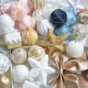 Pink and gold Christmas ornaments set featuring glitter bows and beaded foam balls