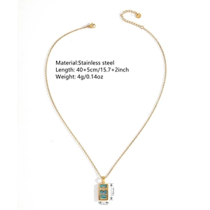 Gold stainless steel tarot sun necklace with blue enamel wave pattern and dimensions info