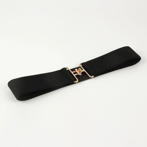 Elastic black woven waist belt with a polished gold metal hook buckle for women's dresses