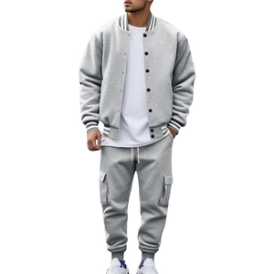 Men's grey varsity baseball jacket and jogger pants set in soft fleece fabric