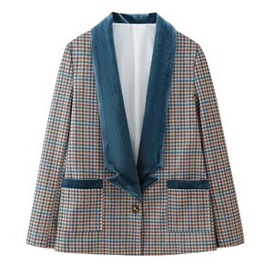 Women's houndstooth blazer with contrast velvet lapels and single-button closure