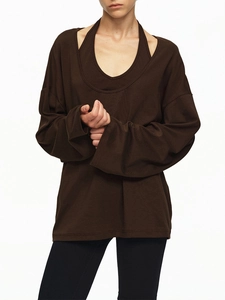 Dark brown long sleeve layered T-shirt with a loose fit and knit texture for women