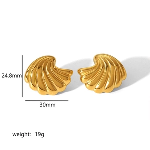Golden seashell earrings in textured stainless steel design, 24.8mm by 30mm, 19g weight