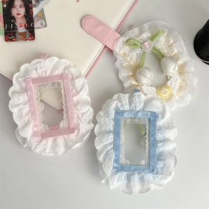Lace photo card holder set with tulip doll and ribbon in pink blue and cream