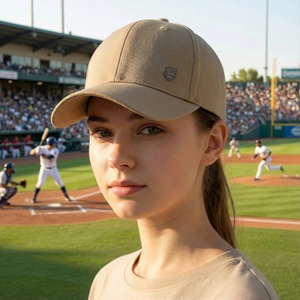 Classic khaki twill baseball cap for men featuring a metallic R logo on a sunny court
