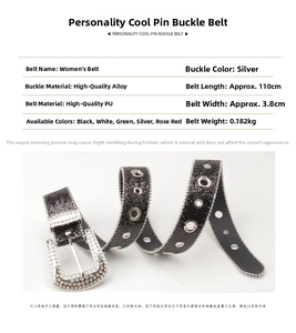 Detailed size chart for the black rhinestone belt with 3.8cm width and 110cm length