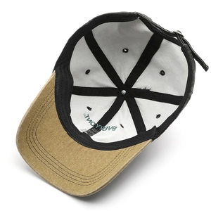 Internal view of two-tone vintage baseball cap featuring reinforced seams and sweatband