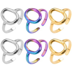 Geometric Hollow Oval Ring Stainless Steel Rainbow Gold Silver Open Adjustable Polished Retro Minimalist Jewelry For Women Men