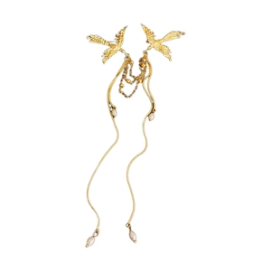 Spilla fenice dorata con eleganti nappe di perle e design di uccello in metallo