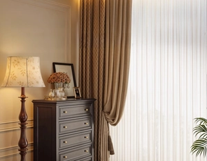 Retro tan blackout curtains with diamond texture and white sheer lace curtain detail