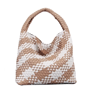 Woven bucket handbag in beige and white PU leather with large capacity and top handle